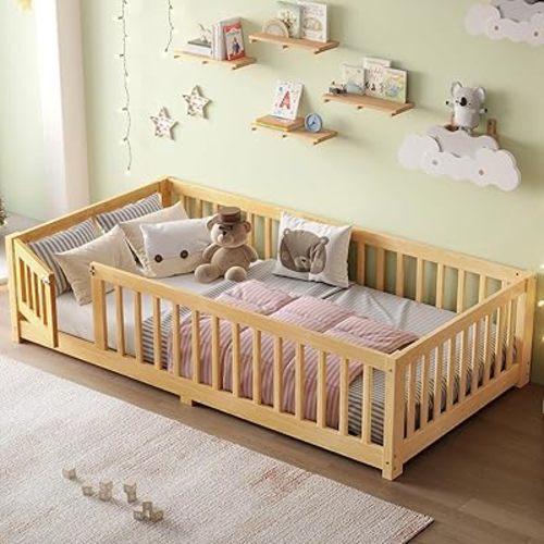Bellemave Twin Size Floor Bed with Rails for Kids, Girls, Boys, Pine,Plywood Floor Bed with slats and Door, Natural