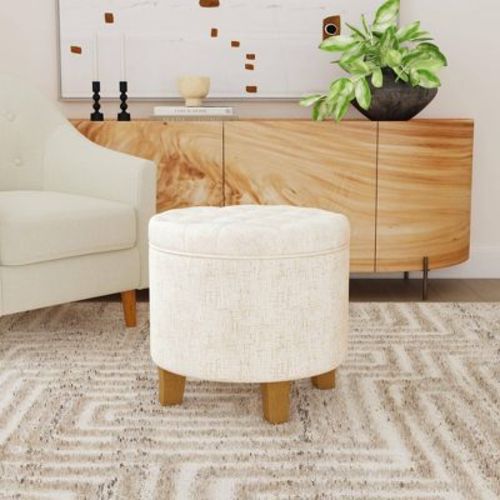 Boho Tufted Storage Ottoman Cream - HomePop: Upholstered Footstool, Polyester, Hardwood Frame