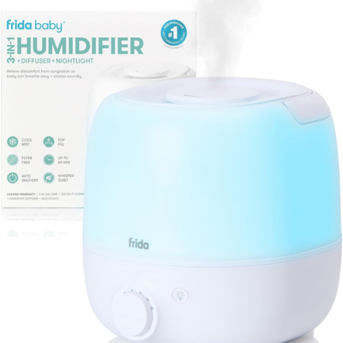 Frida Baby 3-in-1 Cool Mist Humidifier for Large Rooms, Top Fill Humidifier for Bedroom, Allergy Relief, 60 Hour Runtime + Nightlight, Auto Shut-Off, Quiet, Carry Handle, Essential Oil Diffuser