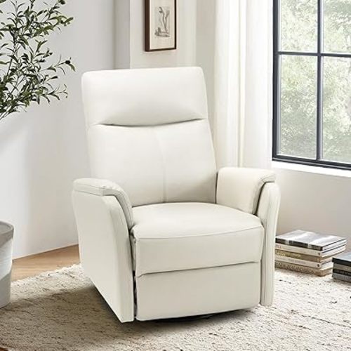 COLAMY Leather Recliner Chair with Swivel & Rocking Function, Modern Glider Reclining Chair with Footrest and Wide Seat Cushion, Comfortable Rocker Chair for Living Room, Nursery, Bedroom,Beige