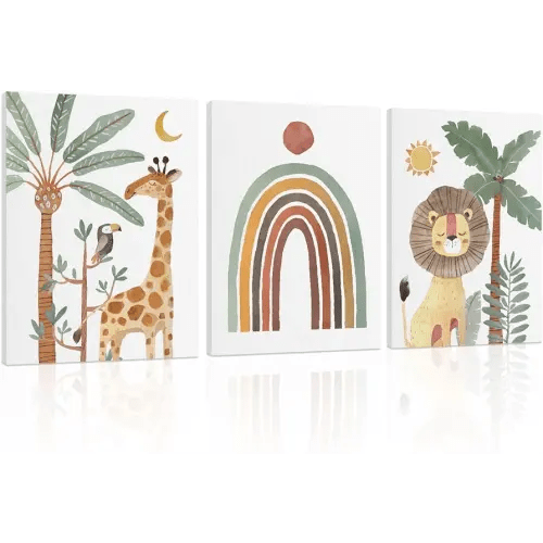Boho Animal Nursery Wall Art: Safari Animal Prints for Kids' Room, Baby Nursery Decor for Boy Girl, 3 Pieces Giraffe Lion Parrot Rainbow Picture Bedroom Decoration 12" x 16"