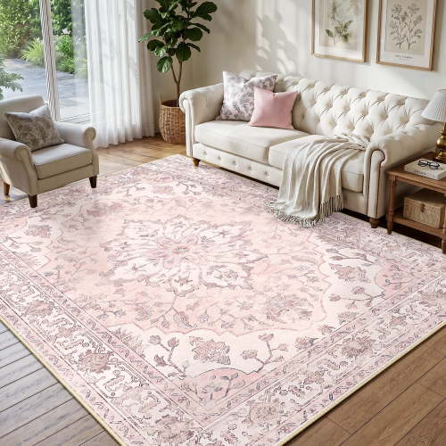 NewBuros 6'x9' Washable Area Rug for Living Room, Non Slip Vintage Distress Print Pattern Floral Rug, Soft Low Pile Indoor Carpet for Bedroom Dining Room, Gray Pink