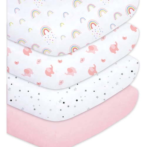 Little Grape Land Crib Sheets for Baby Girls 4 Pack, 28"x 52" Extra Soft Microfiber Crib Sheet Set for Standard Crib & Toddler Mattress Pad, Rainbow & Elephant & Stars & Pink