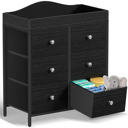 BOLUO Black Changing Table Dresser with 6 Fabric Drawers, Baby Dresser with Changing Table Top Diaper Changing Station with Storage for Nursery Modern