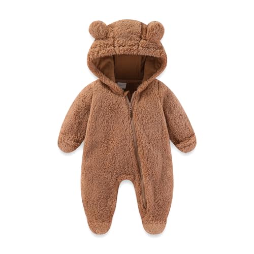 UVIPC Newborn Baby Fleece Footie Snowsuit Winter Onesie Cartoon Bear Warm Hooded Outfits for Girls Boys