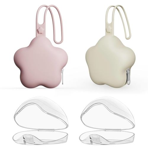 4 Pack Pacifier Holder Case,2pcs Silicone Portable Pacifier Pouch and 2pcs Transparent Nipple Holder Case Container, On-the-GO Pacifier Storage Container Box,BPA Free, Easy to Clean(Pink+Khaki)