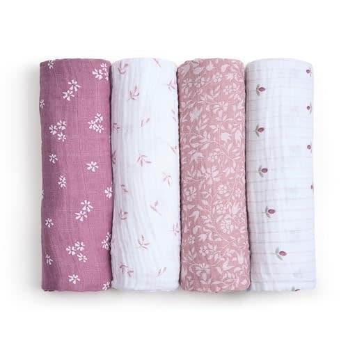 aden + anais 100% Organic Cotton Muslin Swaddle, Breathable Baby Blanket, Ideal for Boys, Girls, Newborns, Babies & Infants, Receiving Blanket, Lightweight Wrap, 4 Pack, Heritage Floral