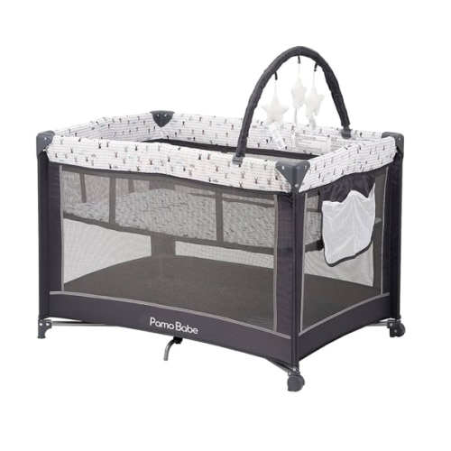 Pamo Babe Portable Playard,Sturdy Play Yard with Padded Mat and Toy bar with Soft Toys