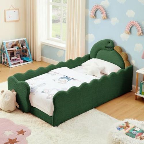 Twin Size Kids Bed with Cute Dinosaur-Shaped Headboard, Boucle Toddler Bed Frame with Safety Guardraild for Bedroom, Green - ModernLuxe