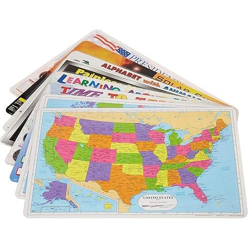Painless Learning Educational Placemats for Kids USA and World Map, Time and Money, Alphabet, US Presidents, Solar System, Multiplication, 8 Pack