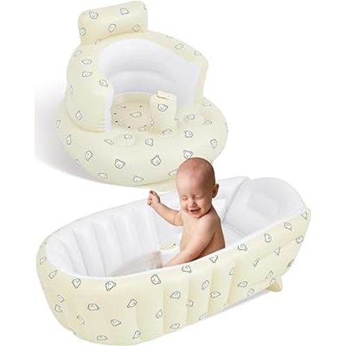 2 Pack Baby Inflatable Seat and Inflatable Baby Bathtub for Babies 3-36 Months with Built in Air Pump Infant Back Support Sofa Newborn to Toddler Bath Tub Portable Travel Shower Basin (Novel Bear)