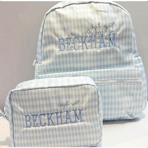 Blue Gingham Diaper Bag Set | Wipeable Backpack & Diaper Pouch | Personalized Baby Boy Bag | Toddler Travel Bags