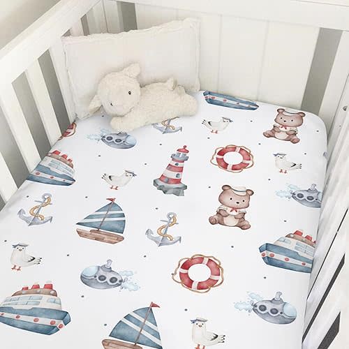 Cute Sailor Watercolor Bear Seagull Baby Crib Sheet 52''x28'' Nautical Life Ship Anchor Lighthouse Stretchy Fitted Crib Mattress Sheet for Boy Girl Soft Bed Sheets for Standard Crib Toddler Mattress