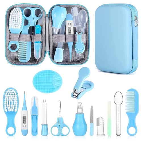 Baby Grooming Kit, Infant Safety Care Set with Hair Brush Comb Nail Clipper Nasal Aspirator,Baby Essentials Kit for Newborn Girls Boys (Blue)