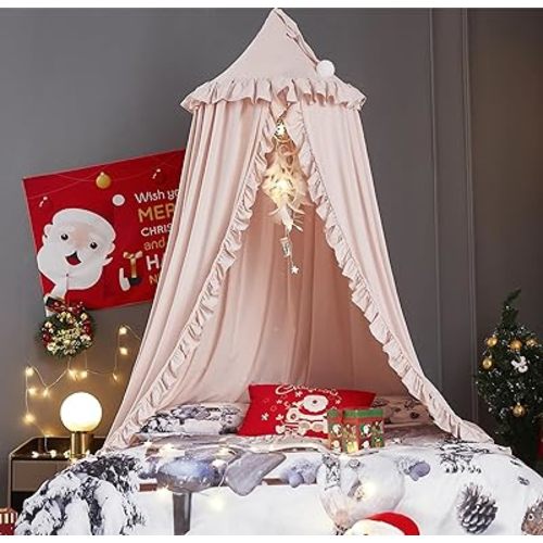 VETHIN Bed Canopy for Girls Kids,Princess Round Dome Children Dreamy Mosquito Net Bedding Girls Room Castle Play Tent Hanging House Decor Reading Nook Canopies (Beige Pink)