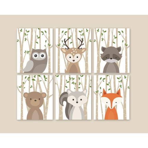 Forest Animals Nursery Art Woodland Nursery Decor Baby Room Wall Decoration Fox Deer Bear Squirrel Owl Raccoon Set of 6 PRINTS or CANVAS