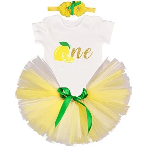 Baby Girls Lemon 1st Birthday Tutu Outfit Infant Cotton Romper+Tutu Skirt+Headband Cake Smash 3PCS Clothes Set