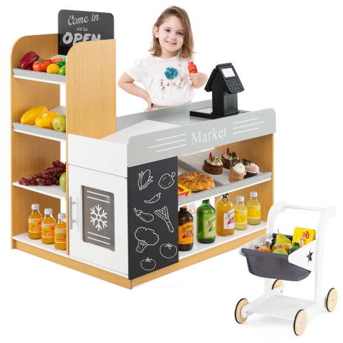 Costway Kids Grocery Store with Shopping Cart Cash Register Scanner Blackboards Toddlers