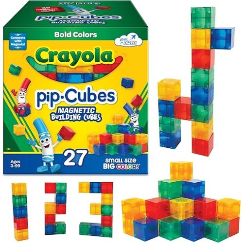 Crayola Magnetic PIP Cubes, Mini Magnetic Blocks Playset, STEM & Montessori Building & Educational Toys for Kids, Travel Toys for Boys and Girls Ages 3+, 27-Piece Set (Bold)