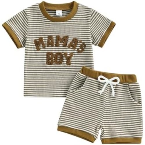 Baby Boy Summer Clothes Mamas Boy Embroidered Waffle Knit Short Sleeve T-Shirt Shorts Set Toddler Striped Outfit