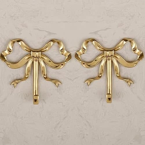 Bow Wall Hooks Brass (2 Pcs) Christmas Wall Decor Gold Hooks Door Hanger Towel Multi-Purpose Hooks for Hanging for Bathroom Living Room Kitchen Decor Christmas Birthday Gift (L)