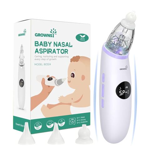 GROWNSY Nasal Aspirator for Baby | Baby Nose Sucker | Electric Nose Suction for Toddler, Ergonomic Booger Sucker with 3 Silicone Tips, Music & Light Soothing Function(Purple)