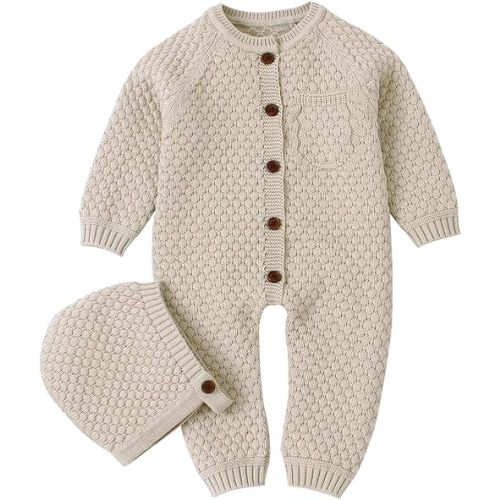 mimixiong Cotton Baby Romper Newborn Baby Knitted Clothes Longsleeve Sweater Outfit for Boy and Girls with Warm Hat Set