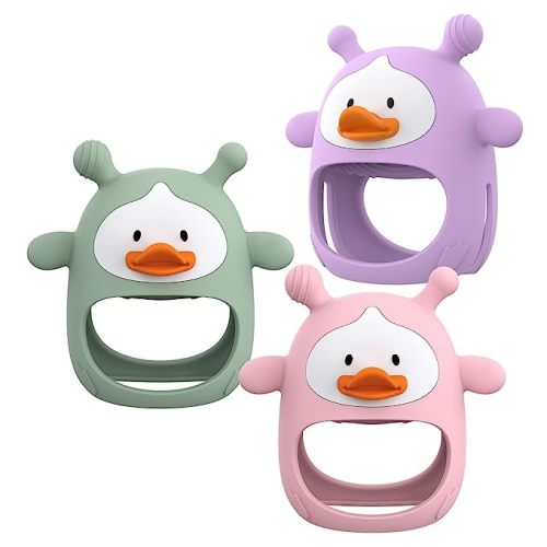 【3 Packs】 Teething Toys for Babies 0-6 Months, Never Drop Silicone Baby Teether, Hand Pacifier for Sucking Babies, Soothing Pain Relief, Best Chew Toy for Teething Baby, Teething Mitten for New Born - Green+Purple+Pink