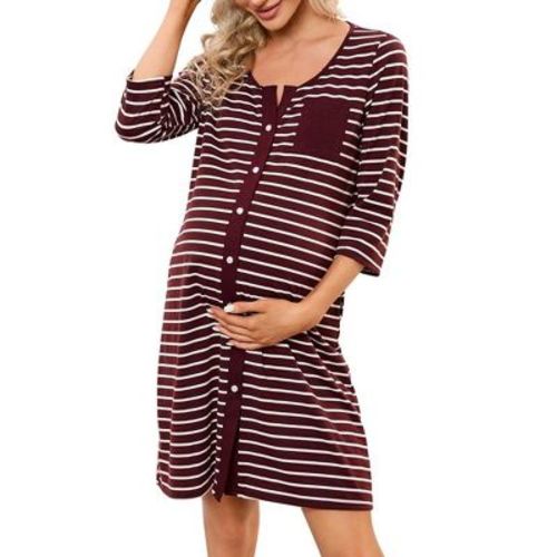 WhizMax Mothers Day Gifts Maternity Nightgown Women's 3/4 Sleeve Striped Nursing Sleepshirt Full Button Breastfeeding Sleep Dress coffee color L