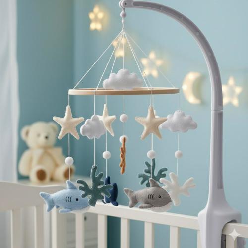 Ocean Nursery Decor - Felt Shark Baby Mobile for Crib - Handmade Nautical Sea Life Mobile - New Baby Gift