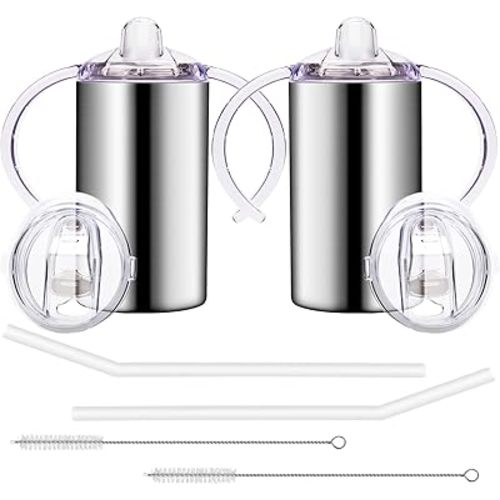 12oz Stainless Steel Sippy Cups for Toddlers with Handles, Spill Proof Double Wall Vacuum Insulated Sippy Cups, Kids Straw Cups with Extra Lids for School, Outdoor, 2 Pack