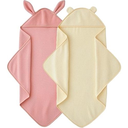 Baby Hooded Towel 2 Pack Bath Towels for Newborn with Animal Design Shower Essentials for Baby Girl Boy and Toddler (Pink & Beige, Medium)