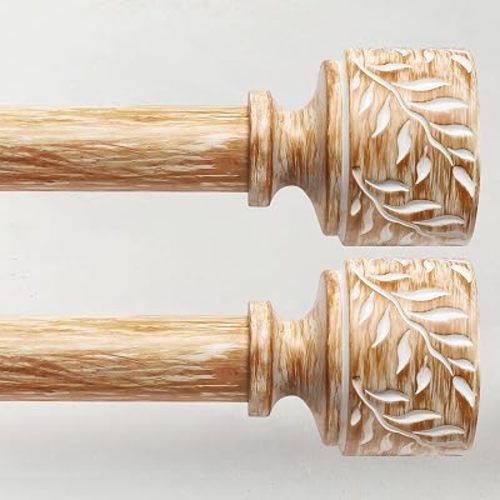 2 Pack Boho Wood Curtain Rods for Windows 28 to 48 Inch, 1" Diameter Adjustable Heavy Duty Curtain Rod with Imitation Wooden Grain Leaf Pattern Finials, Rustic Decorative Drapery Rods, Size 32"-60"
