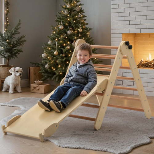 Pikler Triangle Set, Caveen Montessori Climbing Set, Foldable Wooden Climbing Toys, Adjustable Height and Angel, Indoor Jungle Gym for Toddlers 0.5-6 Years Old