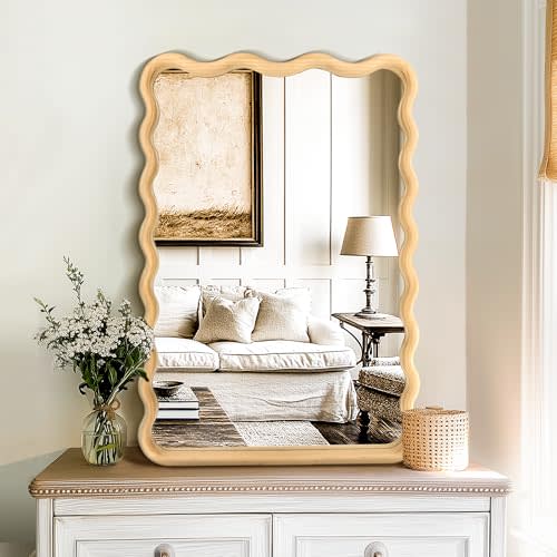 Bathroom Mirror for Wall, 20"x30" Boho Wavy Wood Mirror Large Full Length Decorative Mirror with Tempered Glass, Natural Wooden Frame Vanity Mirror for Bedroom, Living Room, Entryway