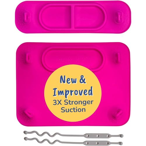 BUSY BABY Silicone Mat Bundle - 1 Original Mat Plus 1 Mini Mat, New Stronger Suction Cups, 6 Straps to Secure Baby Essentials and Keep Them Off The Floor, Baby Led Weaning, Wet Bag Included (Pink)