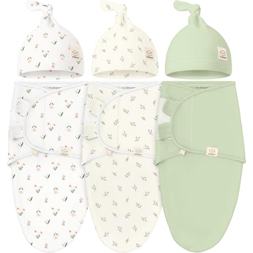 KeaBabies 3-Pack Swaddles for Newborn Baby Girls, Boys with Hats - Organic Soft Baby Sleep Sacks, Breathable Baby Swaddle 3-6 Months Beanies Set, Premie Infant Sleep Sack 0-3 Months (Fleur)