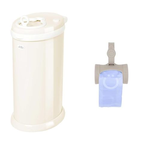 Ubbi Steel Diaper Pail and On-The-Go Bag Dispenser with Retractable Mechanism for Baby Travel