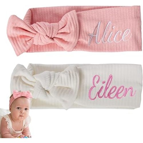 Ulico Paquete de 2 diademas bordadas personalizadas con lazo para bebés y recién nacidos con nombre personalizado