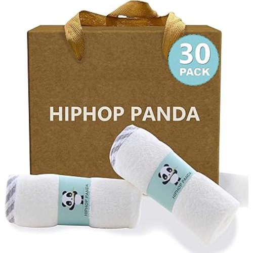 HIPHOP PANDA Baby Washcloths, Rayon Made from Bamboo - 2 Layer Ultra Soft Absorbent Newborn Bath Face Towel - Reusable Baby Wipes for Delicate Skin - Gray Stripe, 30 Pack