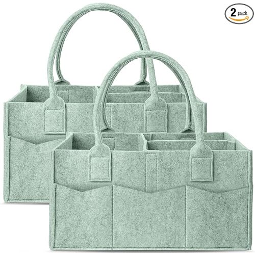 Cute Castle 2 Pack Diaper Caddy Organizer - Portable Baby Caddy Organizer with Handle, Nursery Storage Bin and Car Organizer for Girls, Boys - Baby Gift Basket - Green