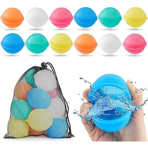 Reusable Water Balloons for Kids, 12Pcs NO Magnets Silicone Leak-Resistant Refillable Water Balls Balloons, Summer Water Toys Splash Balls for Outdoor Backyard Lawn Beach Fun Games for Boys Girls