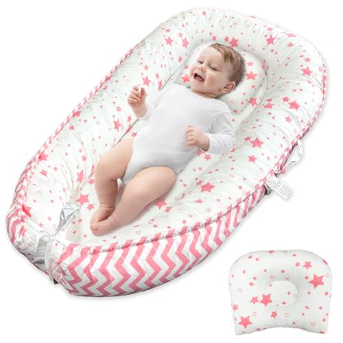 JIFTOK Baby Nests Lounger for Newborn, Snuggle Sleeping Bassinet for 0-24M, Breathable Portable Co Sleeping Bed, Baby Essentials Adjustable Infant Soft Cotton Loungers for Home & Travel -Pink Star