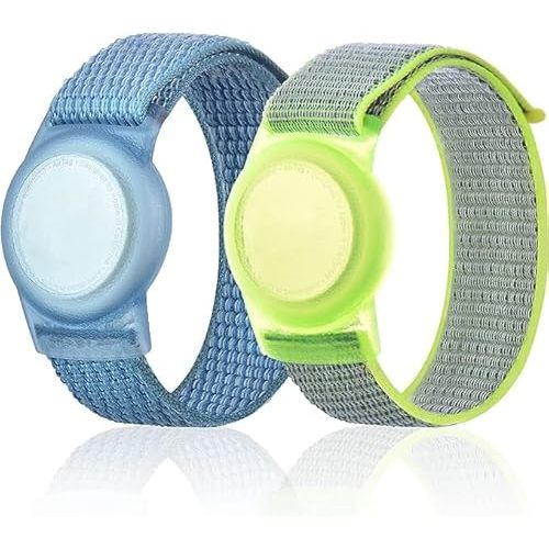 Kids Wristband Compatible with Apple AirTag, Protective Case for Air Tag GPS Tracker Holder with Nylon Bracelet, Adjustable Anti Lost Watch Band for Toddler Child Elder(Blue&Green)