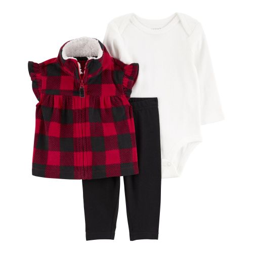 Baby 3-Piece Buffalo Check Fleece Little Vest Set