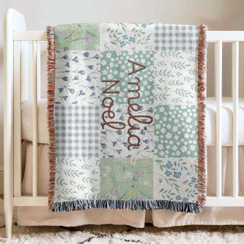 Personalized Baby Blanket Girls Cotton Woven Floral Patchwork Blanket With Name Newborn Keepsake Baby Shower Gift Green Nursery Decorations