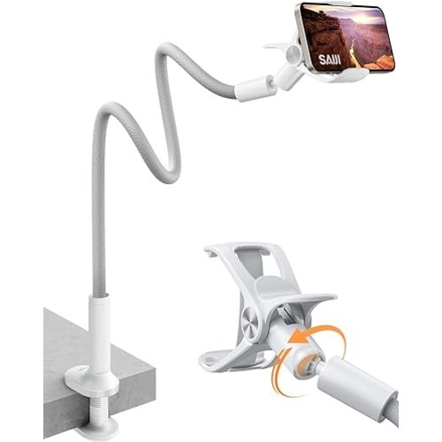 SAIJI Gooseneck Phone Stand for Bed, Lazy Bracket Cell Phone Holder Long Arm Clip Clamp Mount for Filming, Compatible with 4-7'' Mobile Cell Phone Stand Document Camera Nintendo Switch(Grey)