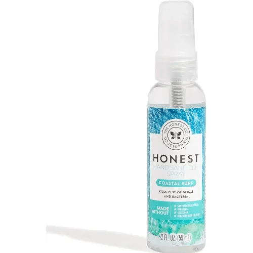 The Honest Company Plant-Based Hand Sanitizer Spray | Kills 99.9% of Germs | Hypoallergenic, Quick-drying + Moisturizing | Coastal Surf, 2 fl oz