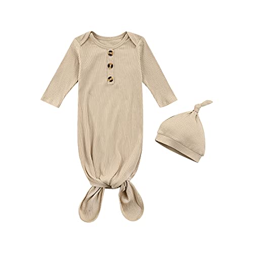 Tsseiatte Newborn Baby Boy Girl Knotted Gowns Long Sleeve Printed Sleeping Bag Coming Home Outfit Nightgown Pajamas Hat Set