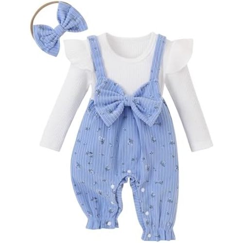Newborn Infant Baby Girl Clothes Outfits Ruffle Romper with Headband Longsleeve Jumpsuit Coming Home Outfit